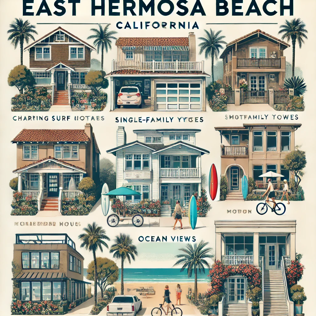 Whimsical illustrated collage of East Hermosa Beach homes in California, featuring single-family houses, palm trees, surfboards, ocean views, and beachside lifestyle elements