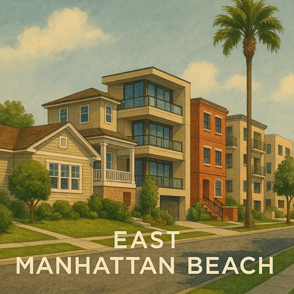 Illustrated streetscape of East Manhattan Beach, California, featuring a mix of traditional houses and modern apartment buildings with palm trees and landscaped lawns