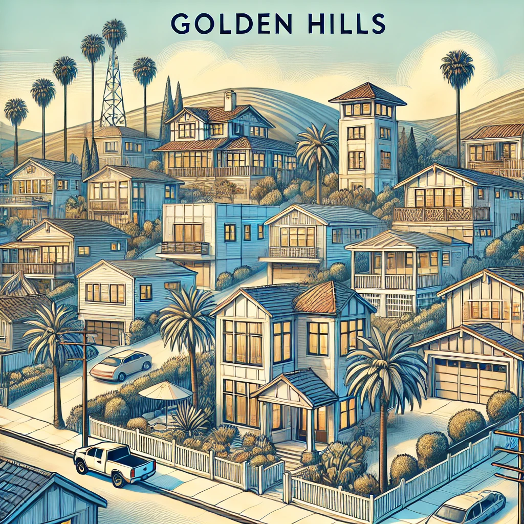 llustrated view of Golden Hills neighborhood in Redondo Beach, showing a hillside community with palm trees, layered homes, and winding streets in warm golden tones