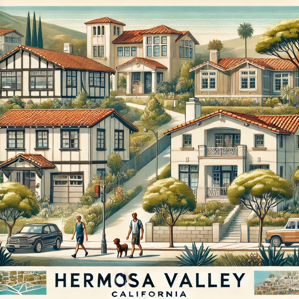 Illustrated view of Hermosa Valley in California, showing hillside homes with red-tile roofs, tree-lined streets, walking pedestrians, and lush landscaping