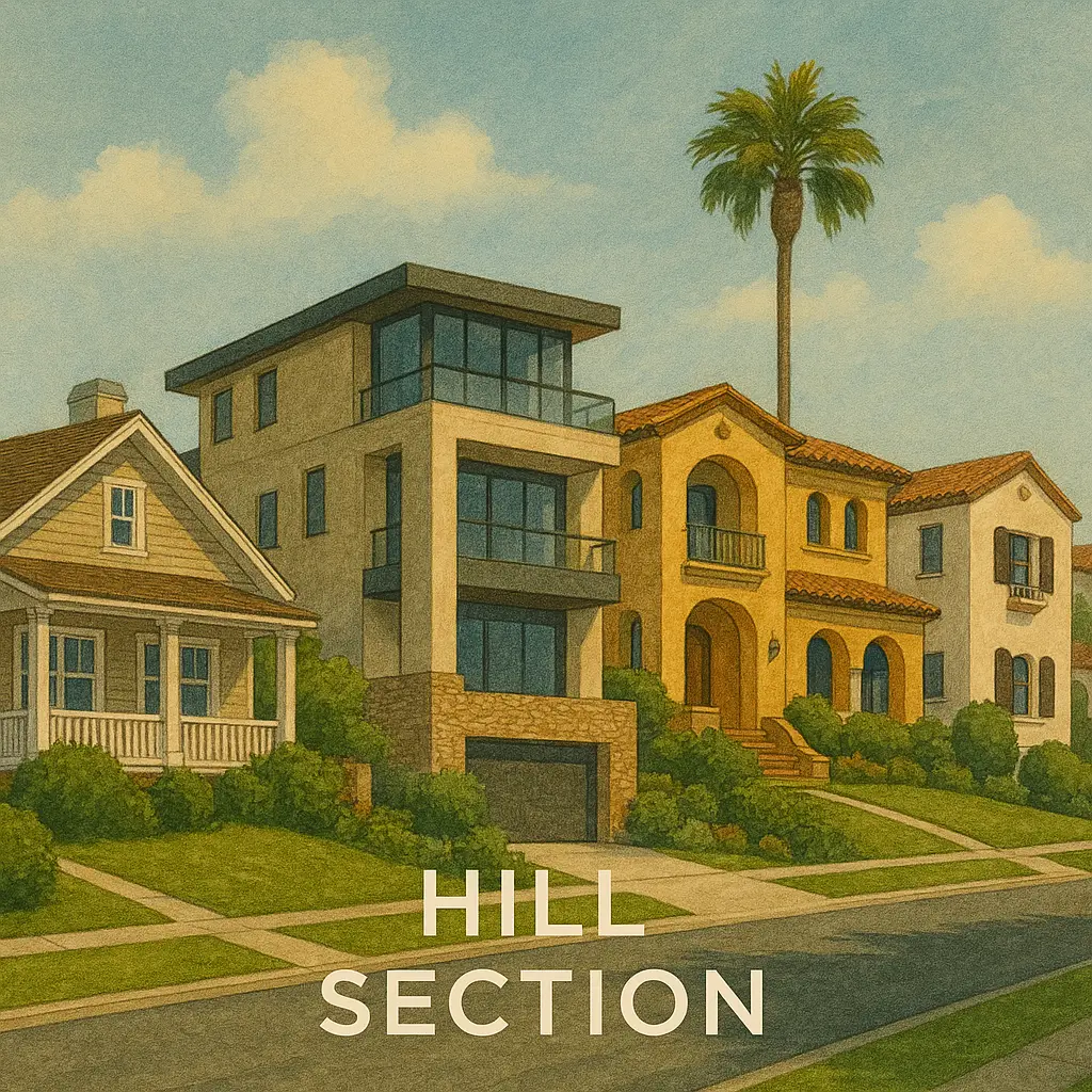 Illustrated streetscape of Hill Section in Manhattan Beach, California, showing a mix of craftsman, modern, and Mediterranean-style luxury homes with palm trees and landscaped yards