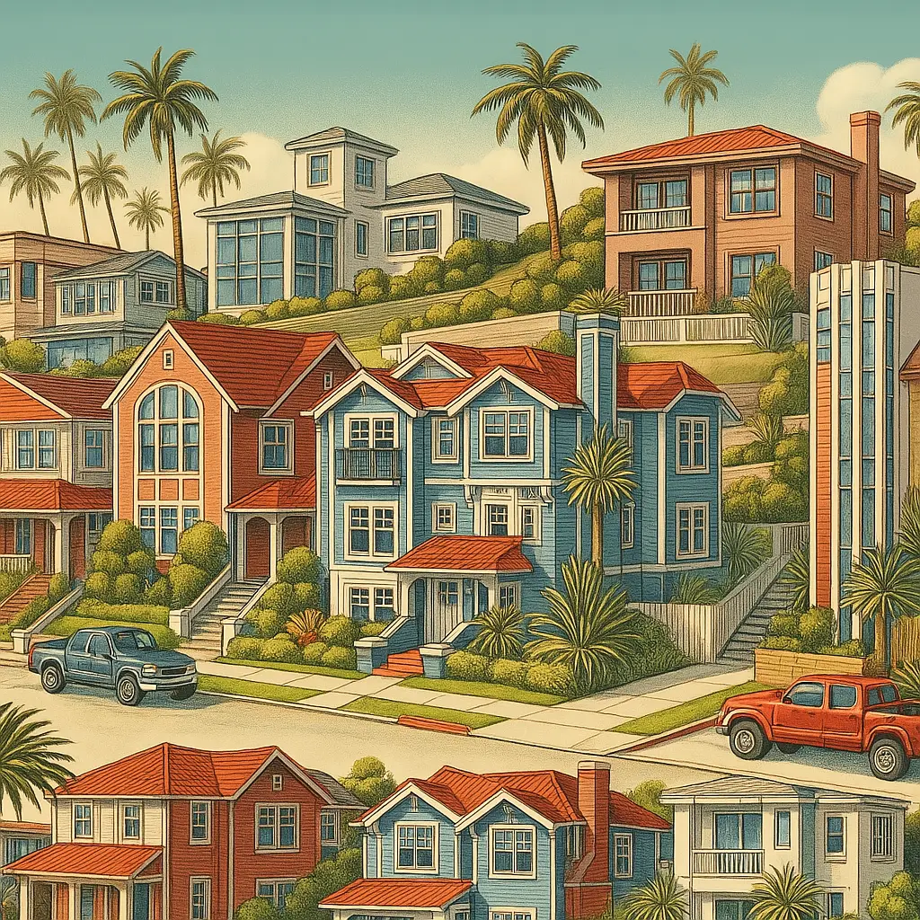 Illustrated scene of North Redondo Beach, California, showing a residential street with colorful homes, palm trees, and hillside properties under a clear sky