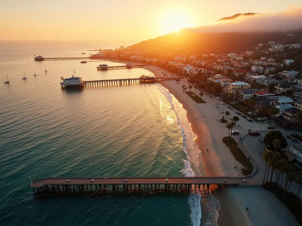 Aerial view of Redondo Beach at sunset, featuring a long pier extending into the ocean, calm waves along the shoreline, palm-lined streets, and coastal homes beneath a sunlit hill with low clouds