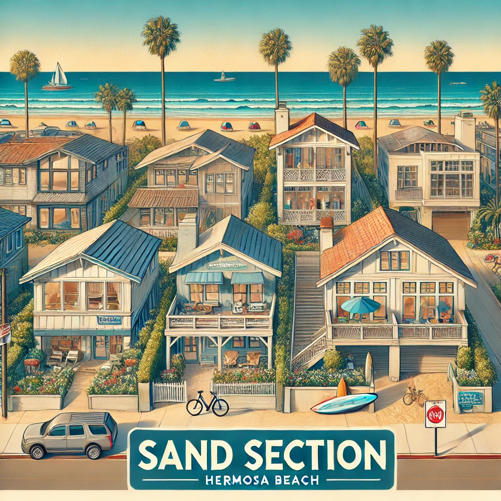 Illustrated beachside scene of the Sand Section in Hermosa Beach, California, with coastal cottages, palm trees, surfboards, and a sandy shoreline with beach tents