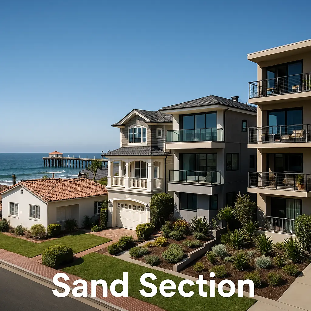 Photo of oceanfront homes in the Sand Section of Manhattan Beach, California, with a view of the pier, landscaped lawns, and the Pacific Ocean under a clear blue sky