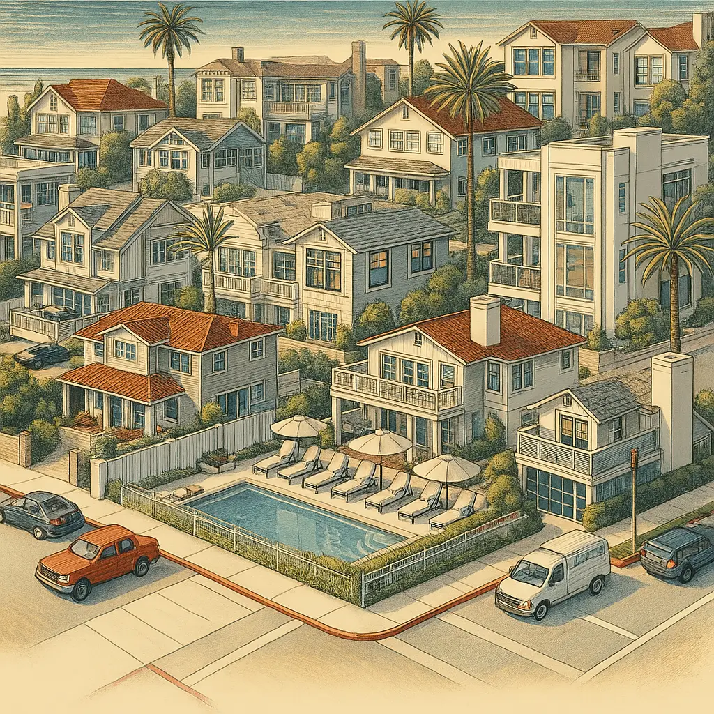 Illustrated aerial view of El Nido in Redondo Beach, featuring a coastal neighborhood with palm trees, beach homes, swimming pools, and oceanfront high-rises near a sandy beach