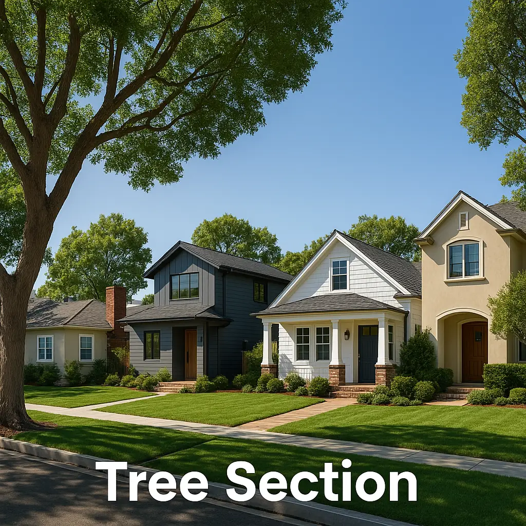 Photo of residential homes in the Tree Section of Manhattan Beach, California, showing manicured lawns, mature trees, and a variety of architectural styles under a clear blue sky